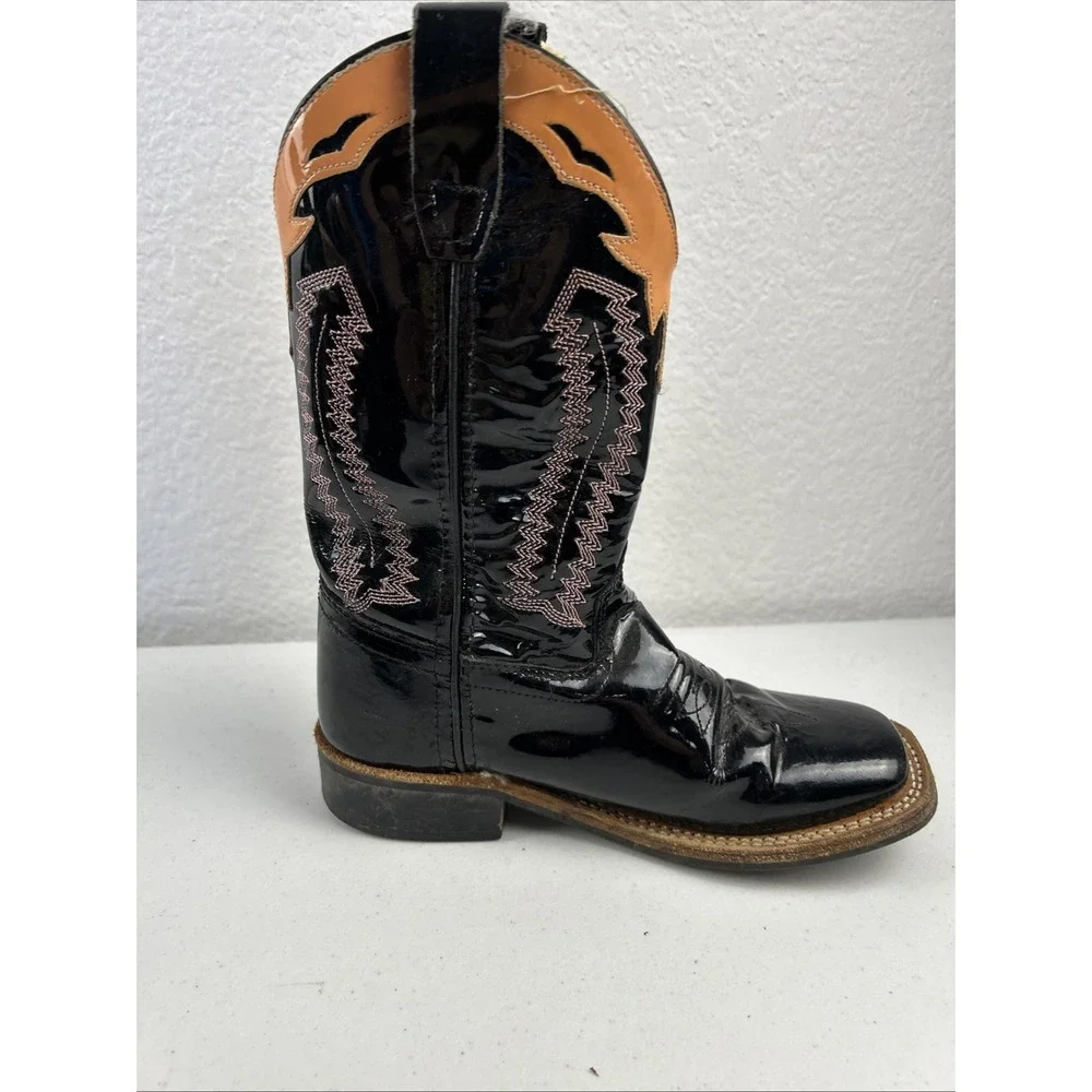 Boots Old West Cowboy Size‎ 13 Leather Youth BSC1843 Square Toe Black/Pink